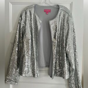 Isaac Mizrahi Live! Sequin Open Front Shrug Silver Plus 2X Cardigan Holiday